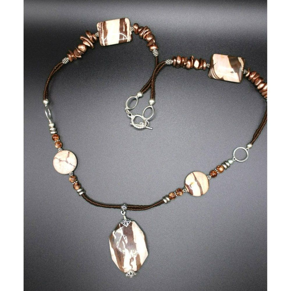Unique Long Jasper Pendant Necklace Brown White Copper Silver Tone Toggle Clasp